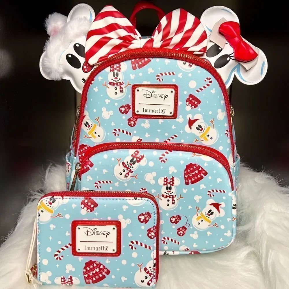 Snowman Mickey & Minnie Mouse Mini Backpack with Ears Headband & Wallet NWT
